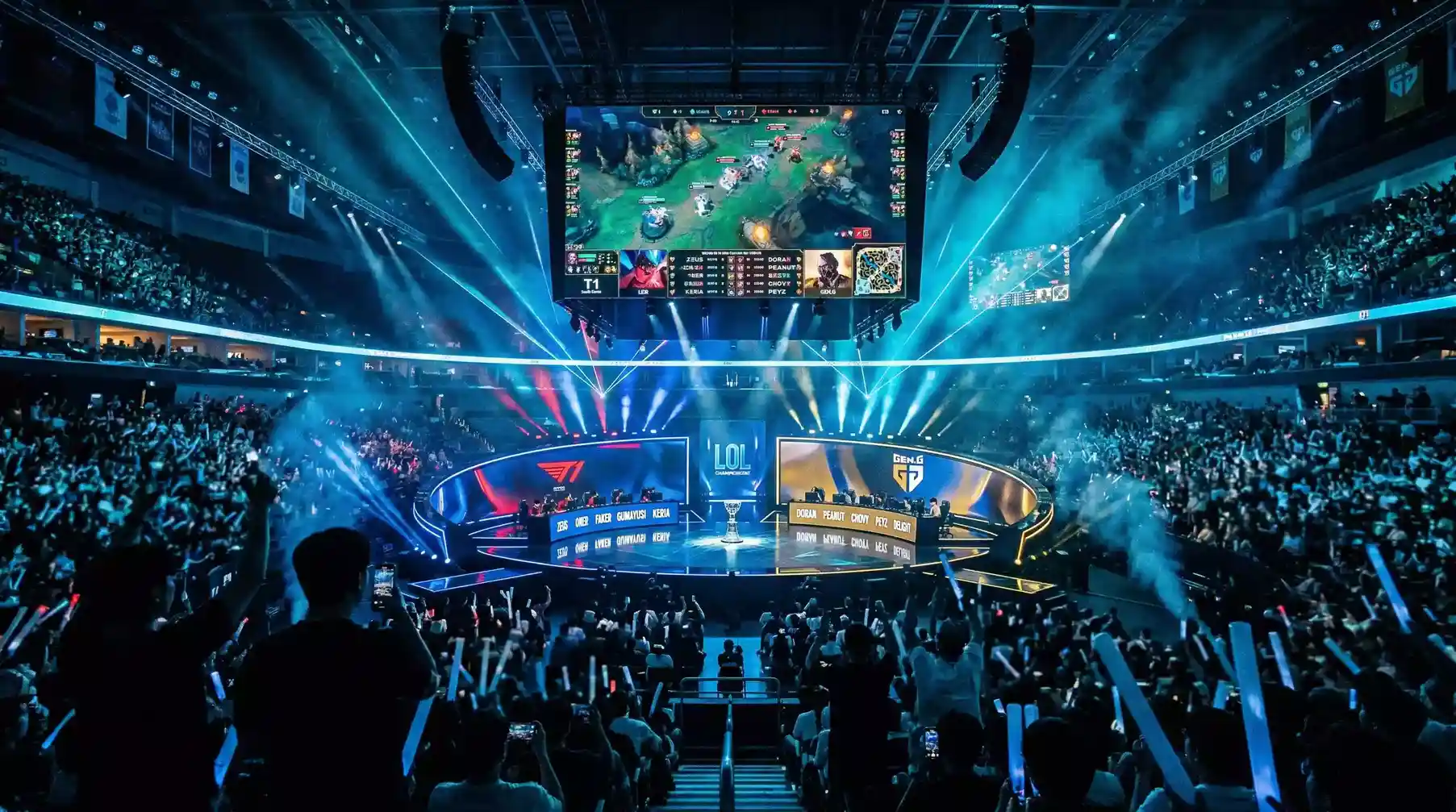 Escena de competición profesional de League of Legends con estadio iluminado y pantallas mostrando partida en vivo