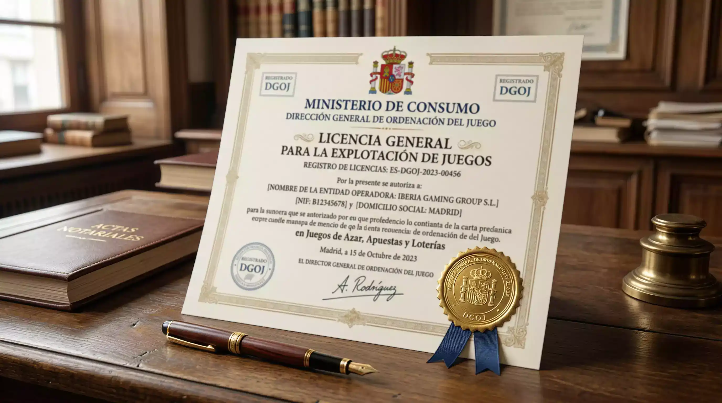 Documento oficial con sello de licencia de juego y símbolo del euro