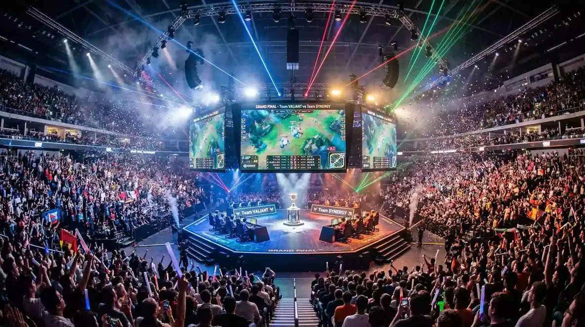 Escenario de final del Worlds de League of Legends con público y equipos compitiendo